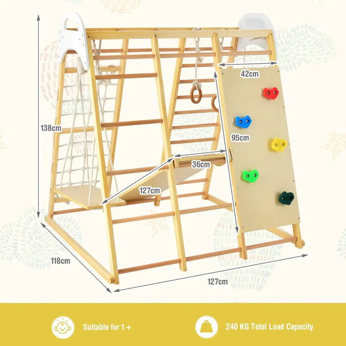 Children's wooden climbing frame with measurements on a white background
