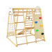Children's wooden play gym with climbing wall, slide, and monkey bars on a white background
