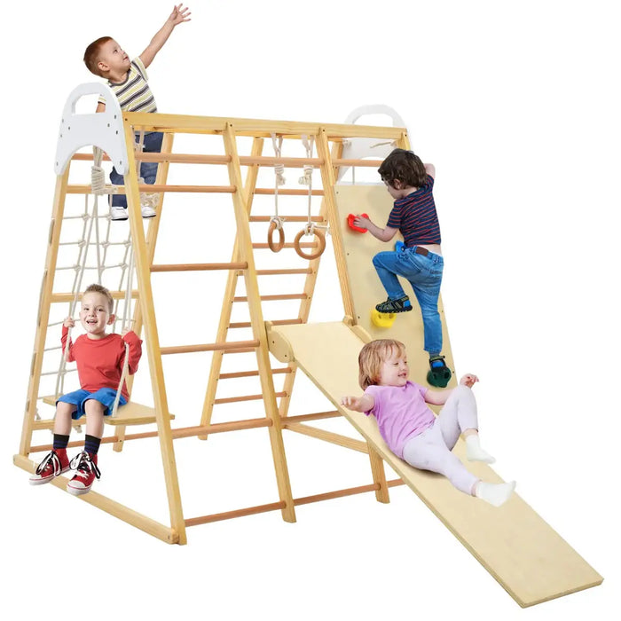 Children playing on a wooden climbing frame with slide