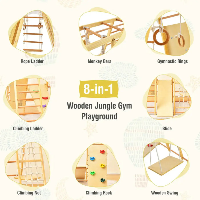 8-in-1 wooden jungle gym playground with various components on a light background
