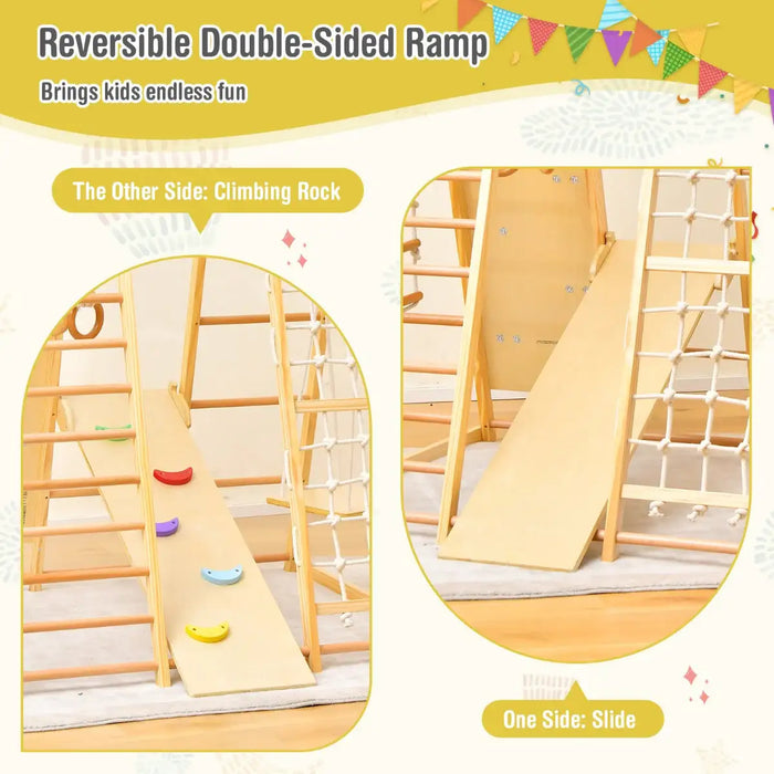 Reversible double-sided ramp with slide and climbing rock features on a yellow background.