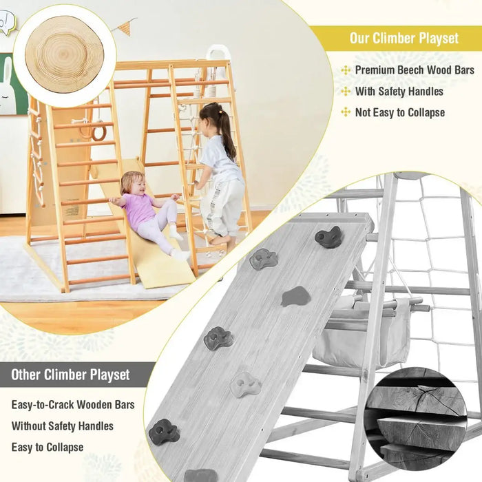 Wooden climber playset with safety features and children playing, alongside a comparison of another climber playset.