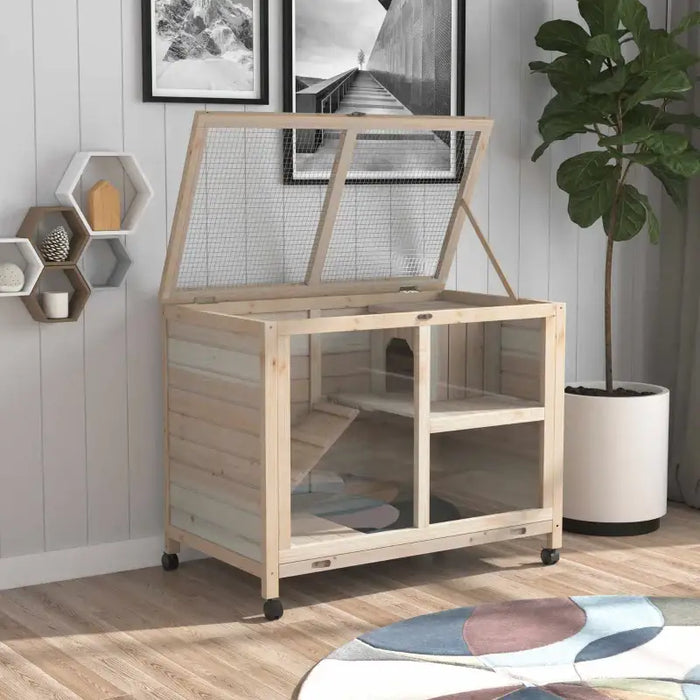 Indoor Rabbit Hutch – Natural | Two-Tier Wooden Cage with Transparent Front PAWHUT - Little and Giant Explorers PawHut