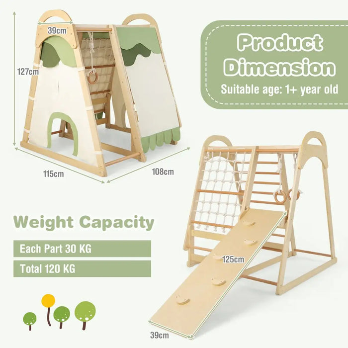 Children's wooden play structure with dimensions and product details on a white background