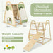Children's wooden play structure with dimensions and product details on a white background