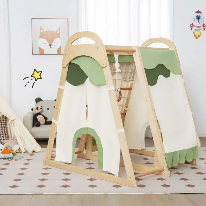 Children's play area with a wooden搭积木 toy set and plush toys on a patterned rug.