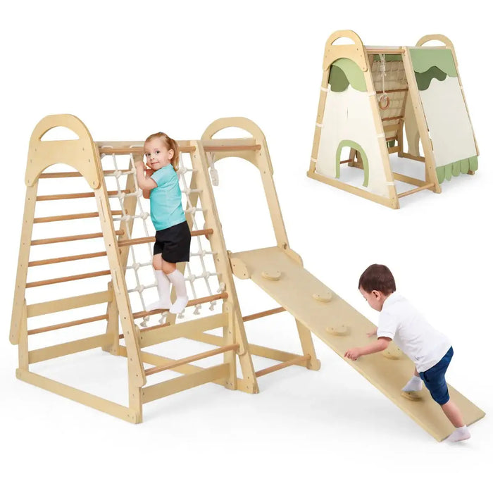 Children playing on a wooden climbing frame with slide and playhouse.