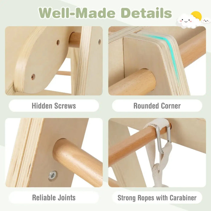 Wooden climbing toy with highlighted features like hidden screws, rounded corners, reliable joints, and strong ropes with carabiner.