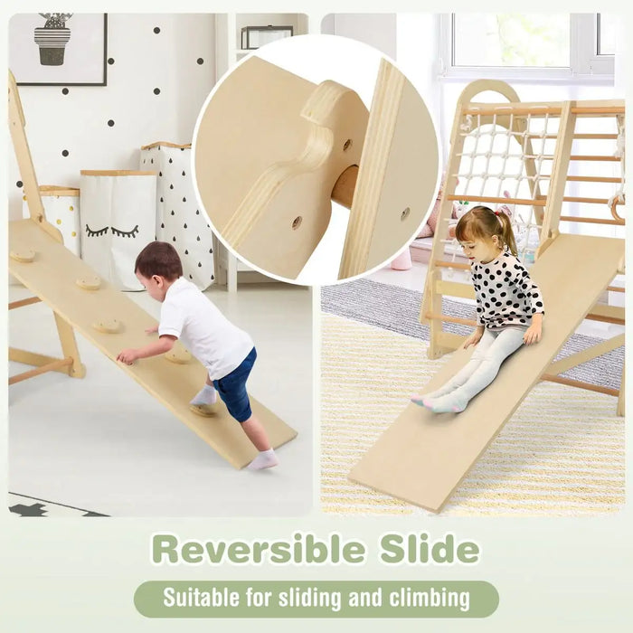 Children playing on a reversible wooden slide with close-up details and text indicating its use for sliding and climbing.