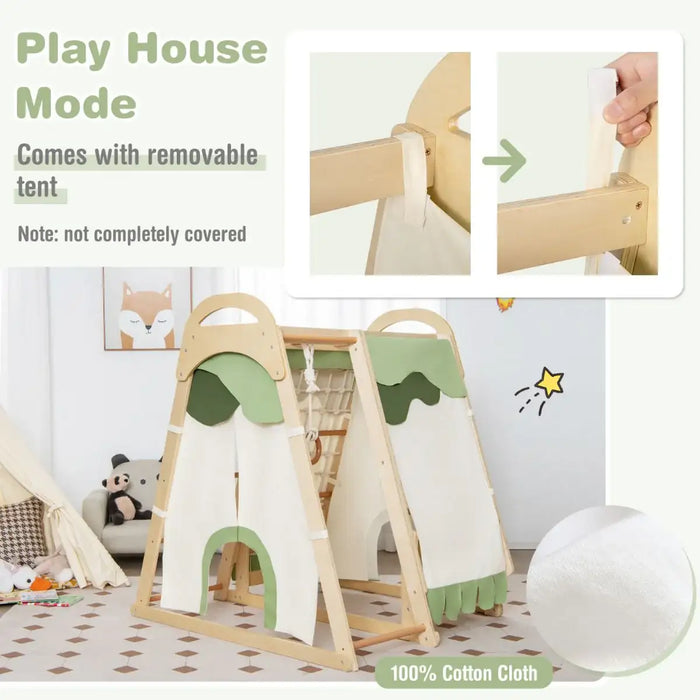 Wooden playhouse with a removable tent in a room setting