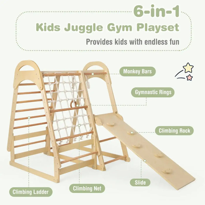 6-in-1 Kids Juggle Gym Playset with climbing ladder, monkey bars, and slide on a white background.