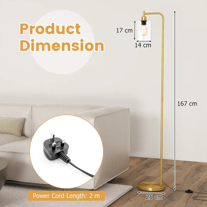 Gold floor lamp with measurements and power cord details on a neutral background