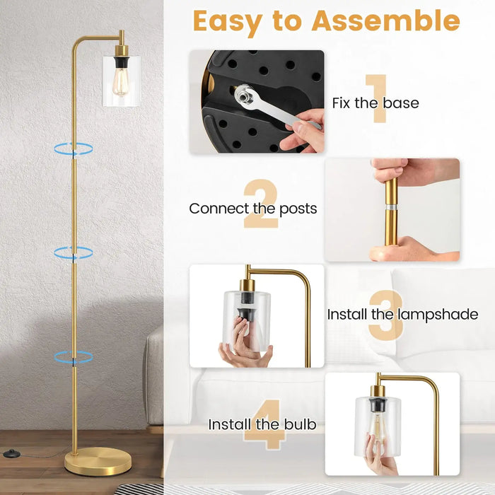 Step-by-step guide on assembling a gold floor lamp with clear glass shade.