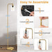 Step-by-step guide on assembling a gold floor lamp with clear glass shade.