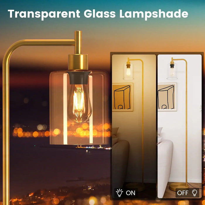 Transparent glass lampshade with gold fixture and visible light bulb, shown in on and off states.