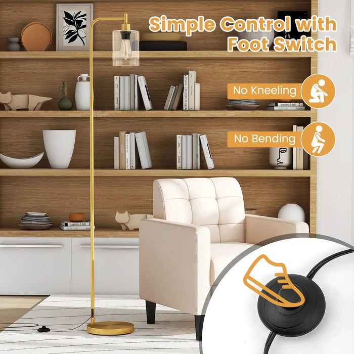 Modern living room with a gold floor lamp and white armchair, featuring text about simple control with a foot switch.