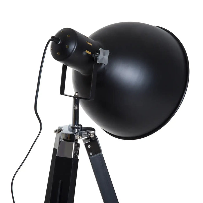 Black floor lamp with a large round shade on a white background