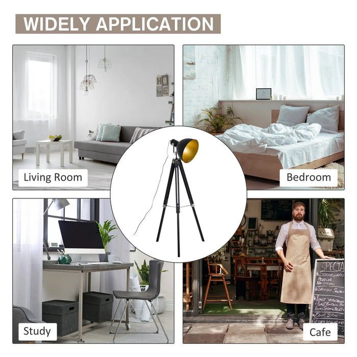 Tripod lamp shown in various indoor settings including living room, bedroom, study, and cafe.