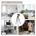 Tripod lamp shown in various indoor settings including living room, bedroom, study, and cafe.