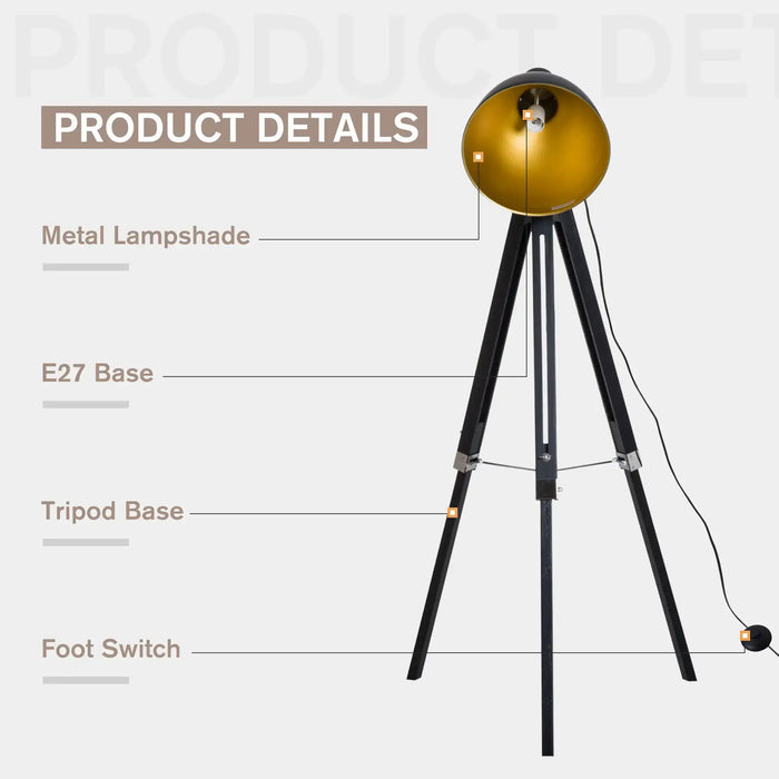Floor lamp with metal lampshade, E27 base, tripod base, and foot switch on a light gray background.
