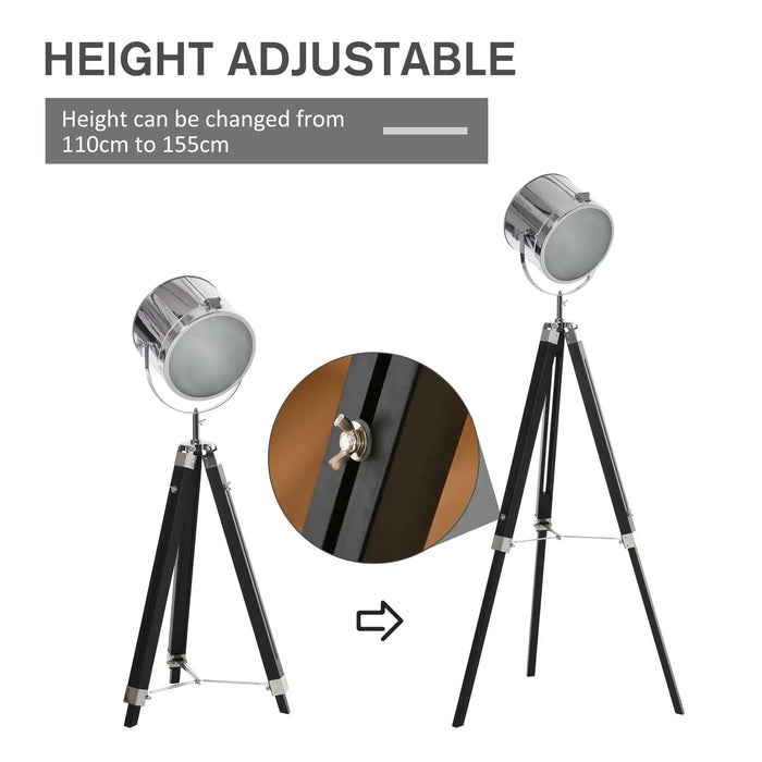 Height adjustable floor lamp with tripod design on a white background