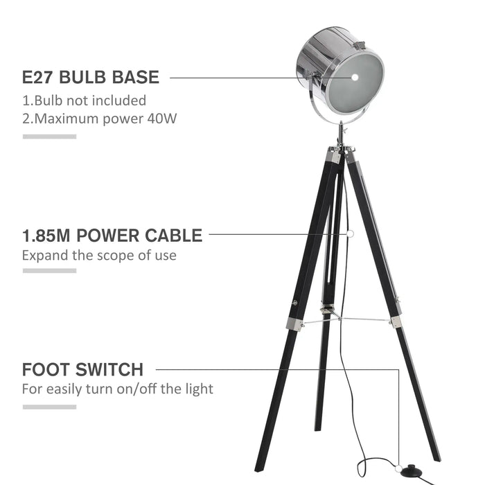 Tripod floor lamp with specifications on a white background