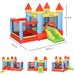 Inflatable bouncy house castle with slide, water pool, basketball hoop, and size dimensions