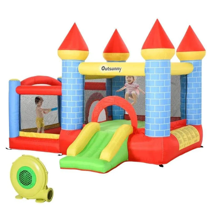 Inflatable bouncy house castle with slide, pool, basketball hoop, and kids playing outdoors