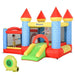 Inflatable bouncy house castle with slide, pool, basketball hoop, and kids playing outdoors