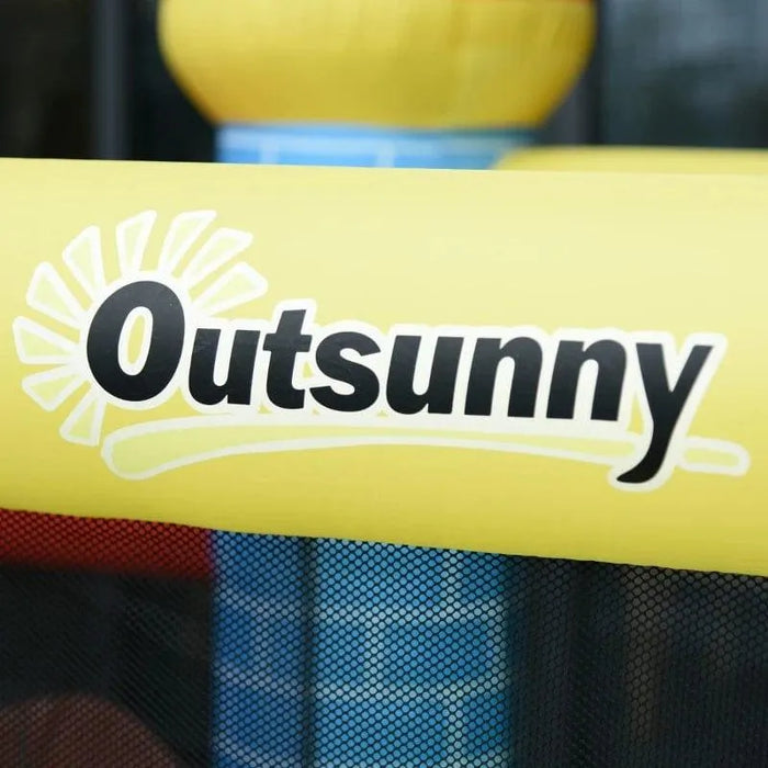 Close-up of Outsunny logo on yellow inflatable bouncy house material