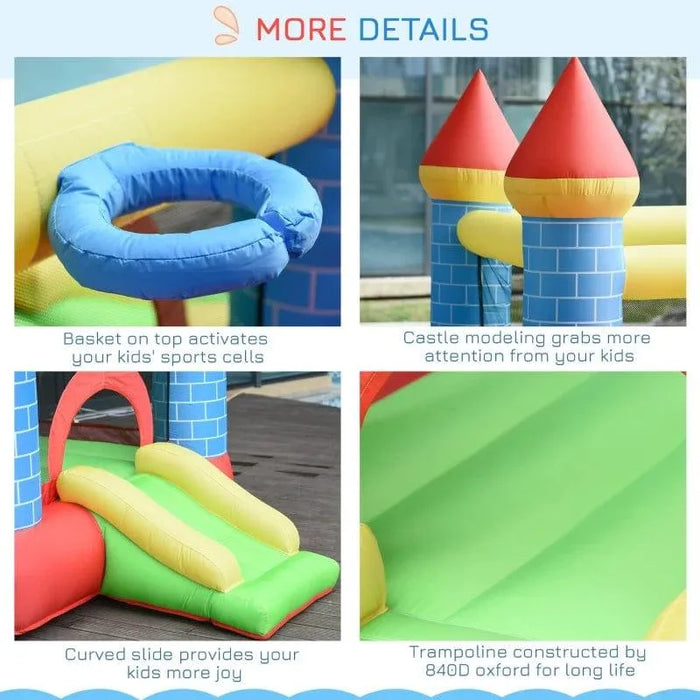 Inflatable bouncy castle with slide, water pool, trampoline, basketball hoop, turrets.
