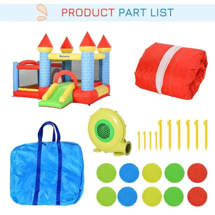 Inflatable bouncy house castle with slide, blower, stakes, carrying bag, and colored patches.