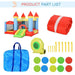 Inflatable bouncy house castle with slide, blower, stakes, carrying bag, and colored patches.