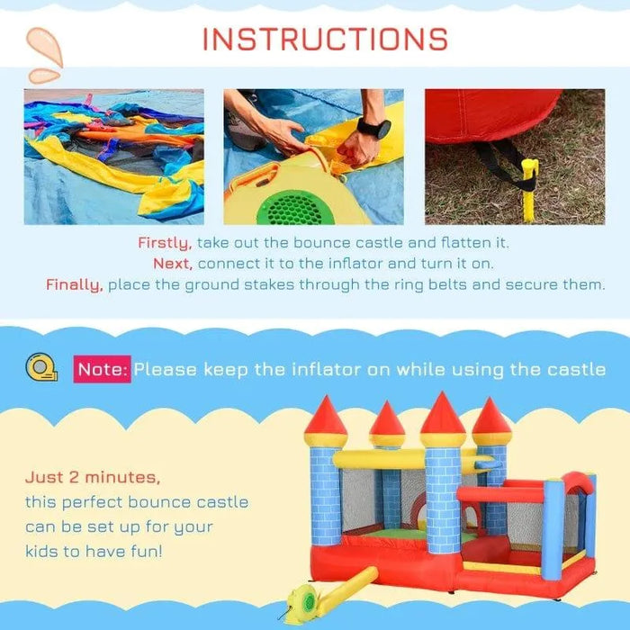 Colorful inflatable bouncy house castle with slide, water pool, and basketball hoop, setup guide shown