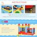 Colorful inflatable bouncy house castle with slide, water pool, and basketball hoop, setup guide shown