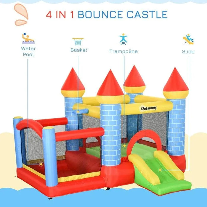 Inflatable bouncy house castle with slide, trampoline, water pool, and basketball hoop.