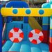 Colorful inflatable bounce house with castle design, slide, and trampoline outdoors