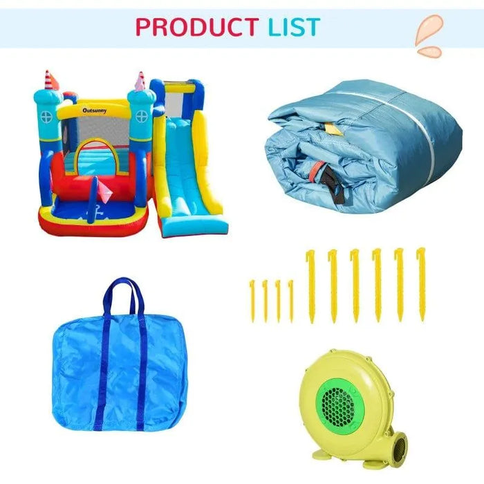 Inflatable bounce house with slide, stakes, blower, blue carry bag, and folded castle set.