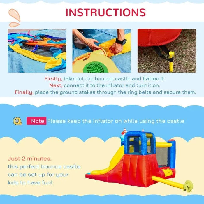 Inflatable castle bounce house with slide, climbing wall, pool, and inflator setup instructions