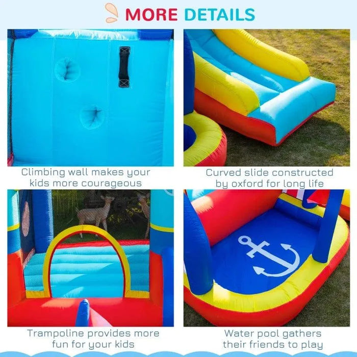 Colorful inflatable bounce house with climbing wall, curved slide, trampoline, and pool