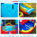 Colorful inflatable bounce house with climbing wall, curved slide, trampoline, and pool