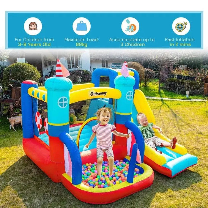 Inflatable castle slide pool trampoline and climbing wall with kids playing outdoors