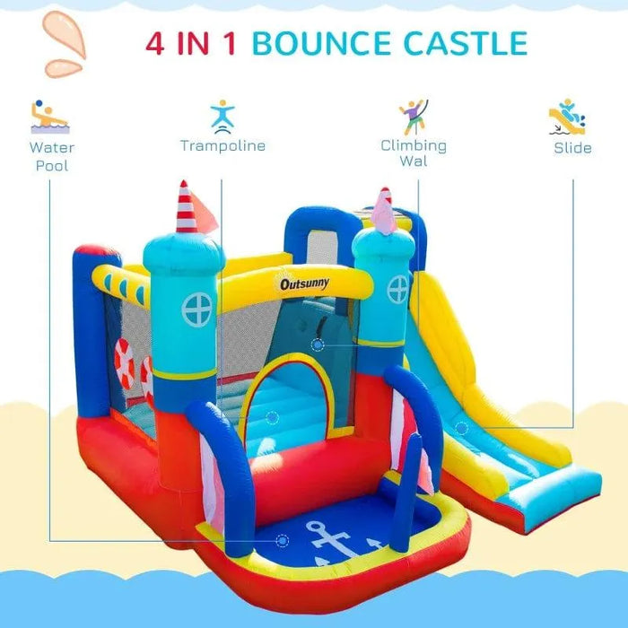 Colorful inflatable castle with slide, trampoline, climbing wall, and pool by Outsunny