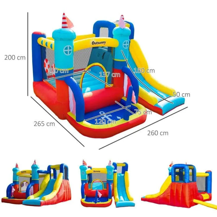 Colorful Outsunny inflatable castle with slide, pool, trampoline, climbing wall, and measurements