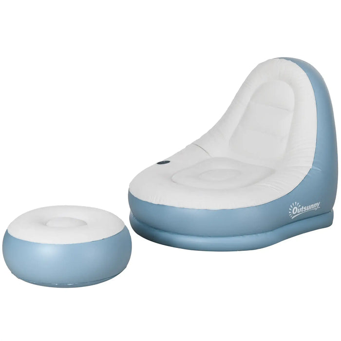 Inflatable Chair and Footstool Set – White and Blue | Portable Blow-Up Sofa with Cup Holder OUTSUNNY - Little and Giant Explorers Outsunny