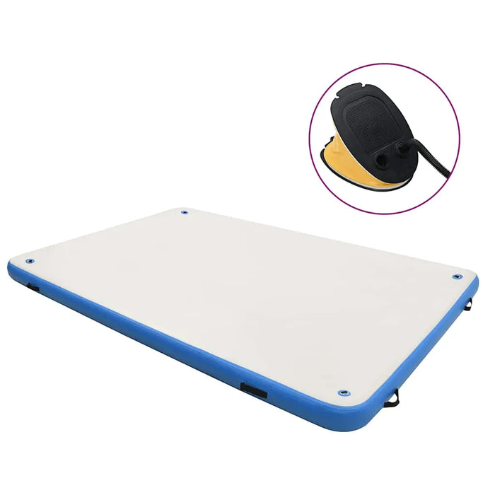 Rectangular inflatable floating water deck with blue border and included black foot pump