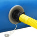 Yellow inflator hose attached to blue inflatable floating water deck valve