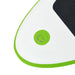 Close-up of inflatable green SUP board with EVA pad and metal ring on white surface