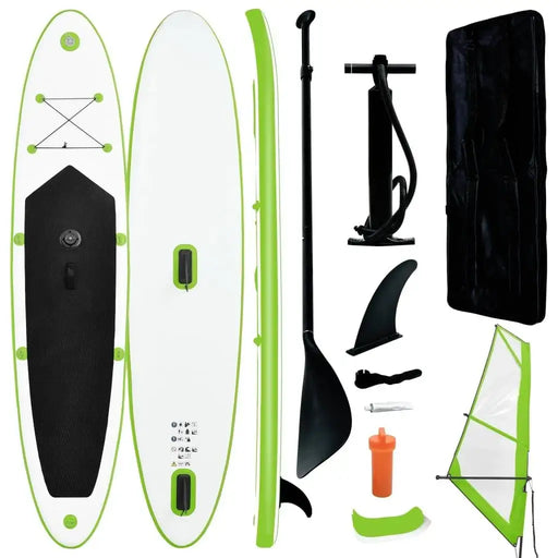 Inflatable green SUP board with sail, paddle, pump, fin, and accessories set