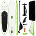 Inflatable green SUP board with sail, paddle, pump, fin, and accessories set